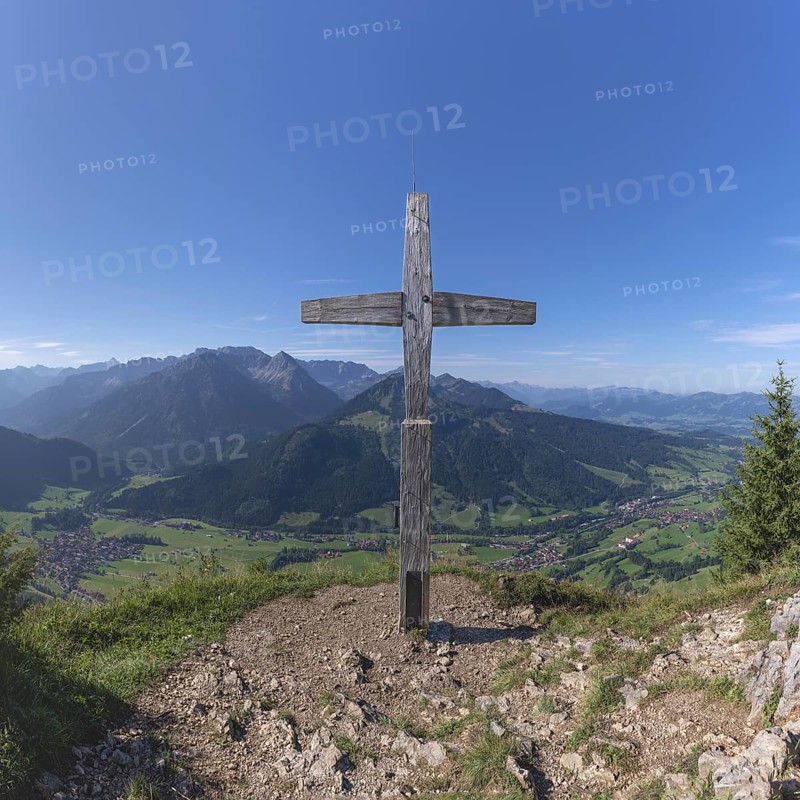 Panorama from Hirschberg, 1456m, into Ostrachtal with Bad Oberdorf, Bad Hindelang and Imberger Horn, 1656m, Oberallgäu, Allgäu, Swabia, Bavaria, Germany