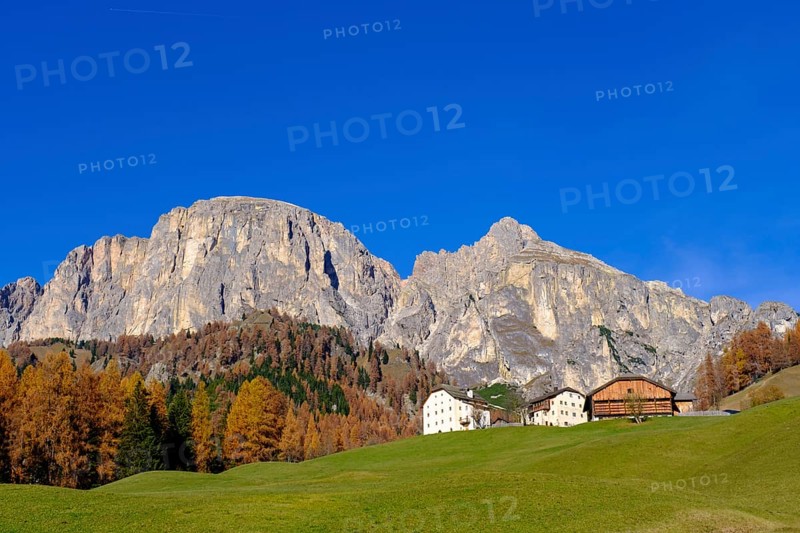 Farmhouses under the Sassongher, near Colfosco, Alta Badia, Val Badia, Dolomites, South Tyrol, Italy
