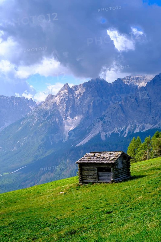 Mountain huts on the Helm, Sesto, Dolomites, Val Pusteria, South Tyrol, Italy