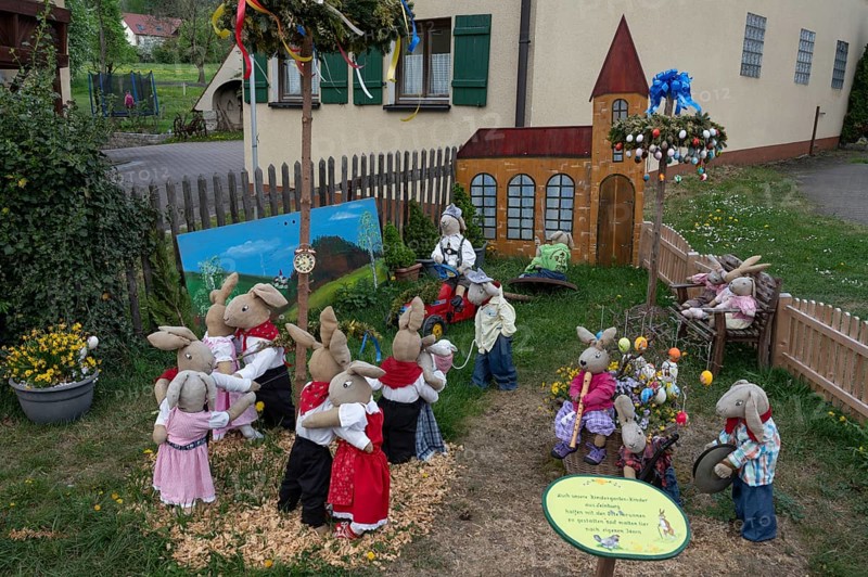 Easter bunnies made by kindergarten children, Leinburg, Middle Franconia, Bavaria, Germany