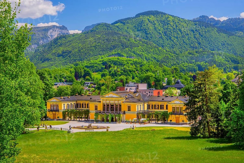 Imperial park with imperial villa in spring, Bad Ischl, Trauntal, Salzkammergut, Upper Austria, Austria