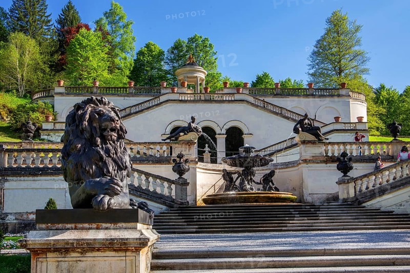 Terraces of the Temple of Venus in the park of Linderhof Castle in spring, municipality of Ettal, Ammergau Alps, Ammertal, Upper Bavaria, Bavaria, Germany