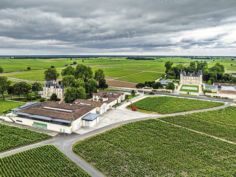 Chateau Pichon Longueville Comtesse de Lalande Vineyard and Chateau Pichon Longueville Baron Vineyard around Pauillac from a drone, Bordeaux, Gironde, Nouvelle-Aquitaine, France