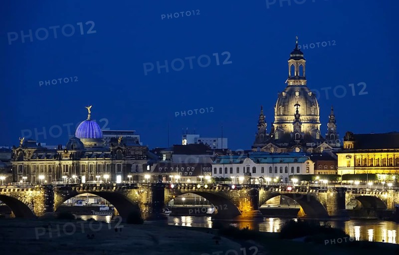 Dresden at the blue hour, view of the Church of Our Lady, art academy and Augustus Bridge, June, Saxony, Germany