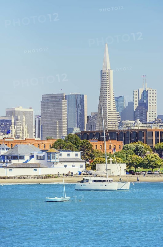 View of Financial district skyline from Maritime historic park, San Francisco, California, USA