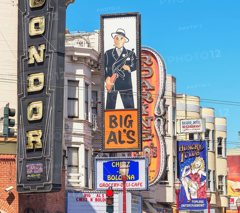 Billboards on buildings in North Beach district, San Francisco, California, USA