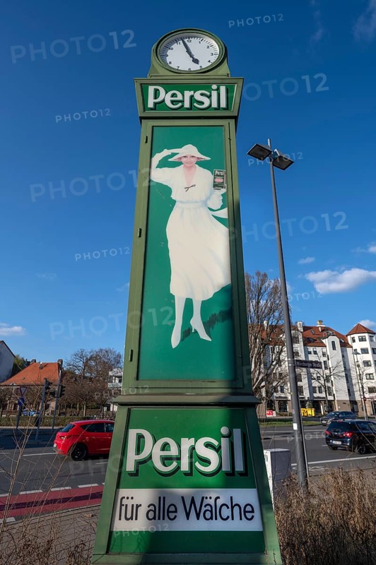 Historic persil clock made by Henkel in 1920, Billinganlage, Fürth, Middle Franconia, Bavaria, Germany