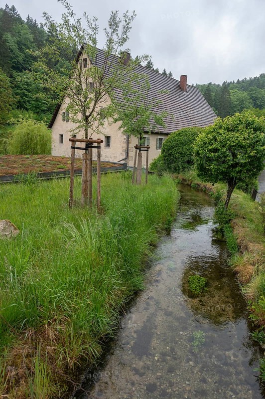 Former corn mill with mill stream, Großenohe, Upper Franconia, Bavaria, Germany