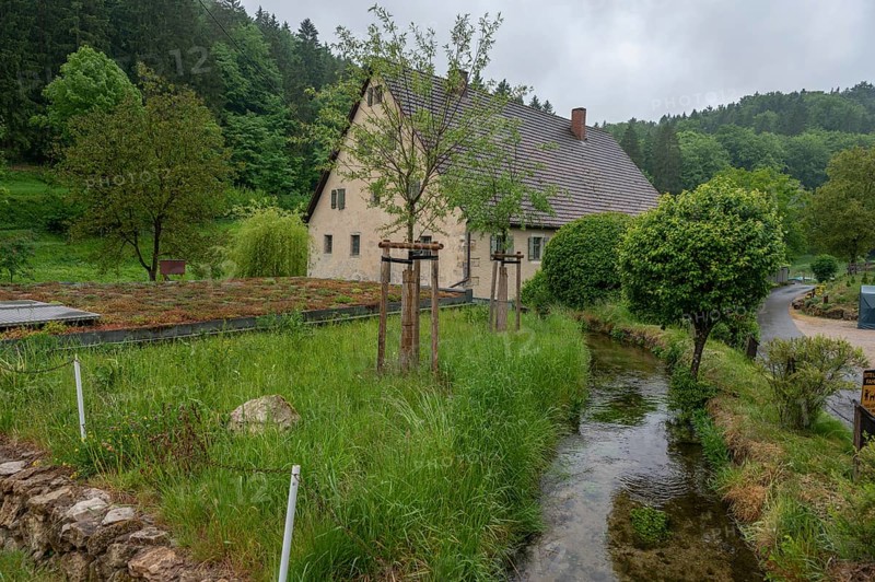 Former corn mill with mill stream, Großenohe, Upper Franconia, Bavaria, Germany