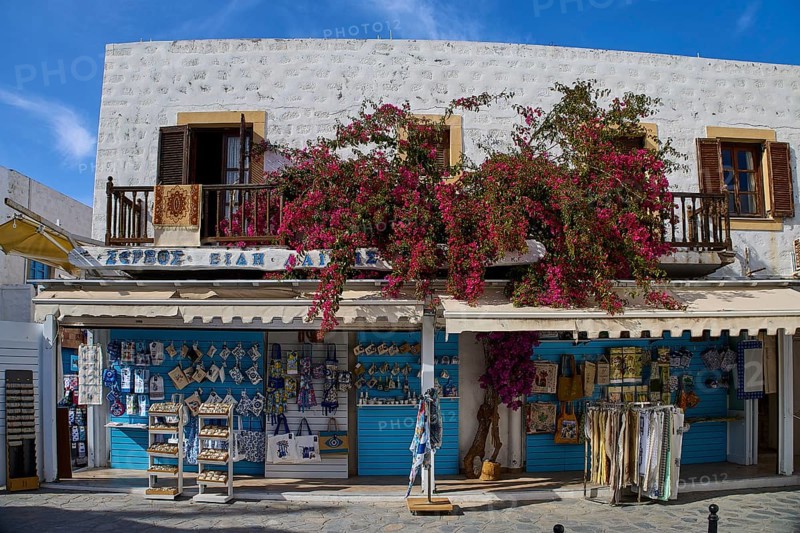 Pretty speciality shop with blooming decoration in a sunny street, souvenir shop, Skala, harbour, Patmos, Dodecanese, Greek Islands, Greece