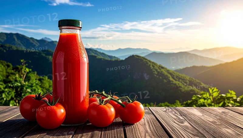 Bottle of fresh tomato juice on table, space for text, refreshing drink and vegetables from red tomato, AI generated
