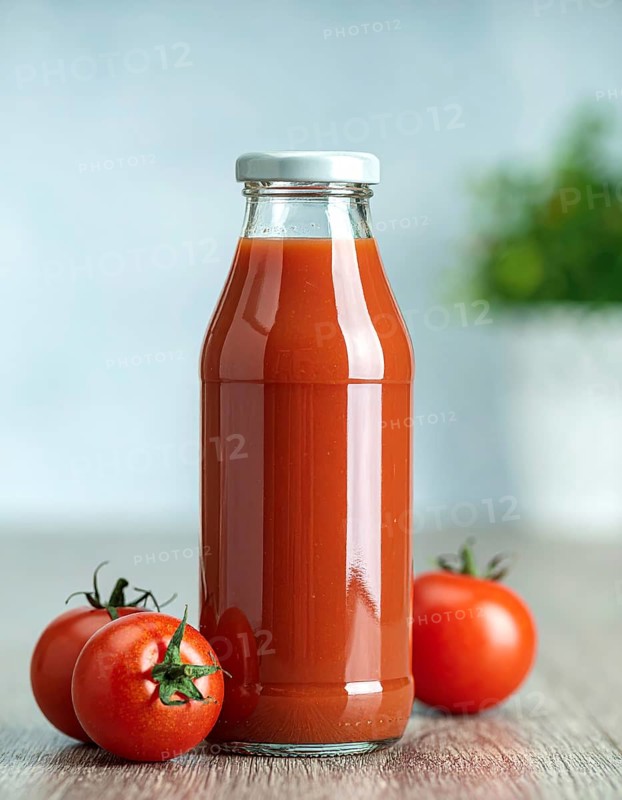 Bottle of fresh tomato juice on table, space for text, refreshing drink and vegetables from red tomato, AI generated