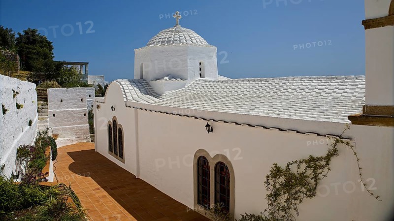 Cross-domed church Panagia Diasosousan, white church in Mediterranean style with dome and cross, church, Chora, World Heritage Site 1999, Patmos, Dodecanese, Greek Islands, Greece