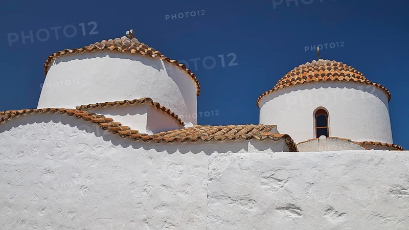 Church of Agia Kioura, church with two round domed roofs under a blue sky, church, Chora, World Heritage Site 1999, Patmos, Dodecanese, Greek Islands, Greece