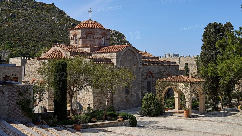 Stone church with dome in a mountainous landscape with trees, woman's monastery, Evangelismou Monastery, Patmos, Dodecanese, Greek Islands, Greece