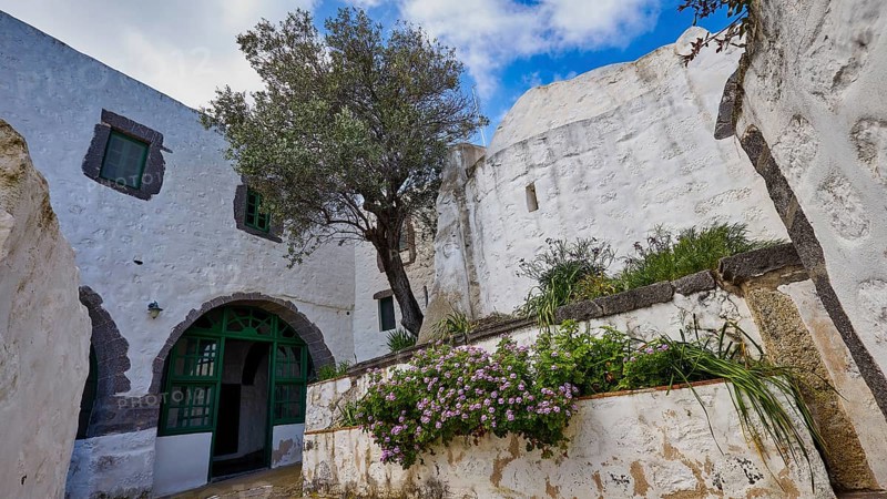 Courtyard with white walls, a tree and flowering plants, Monastery of the Revelation, Moni tis Apokalipsis, World Heritage Site 1999, Patmos, Dodecanese, Greek Islands, Greece