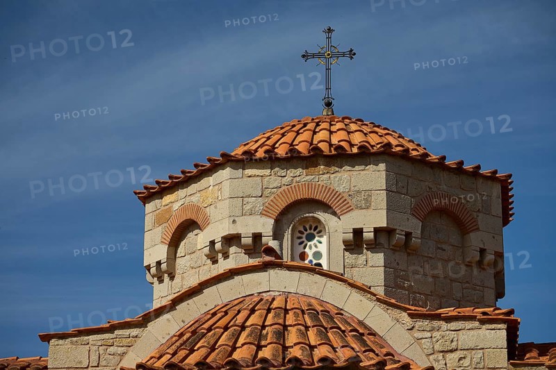 Church dome with cross in front of a clear blue sky, woman's monastery, Evangelismou Monastery, Patmos, Dodecanese, Greek Islands, Greece