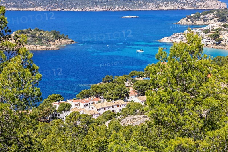 Aerial view at a village by the Mediterranean Sea at a rocky coastline and lush green trees a sunny summer day, Sant Elm, Mallorca, Spain