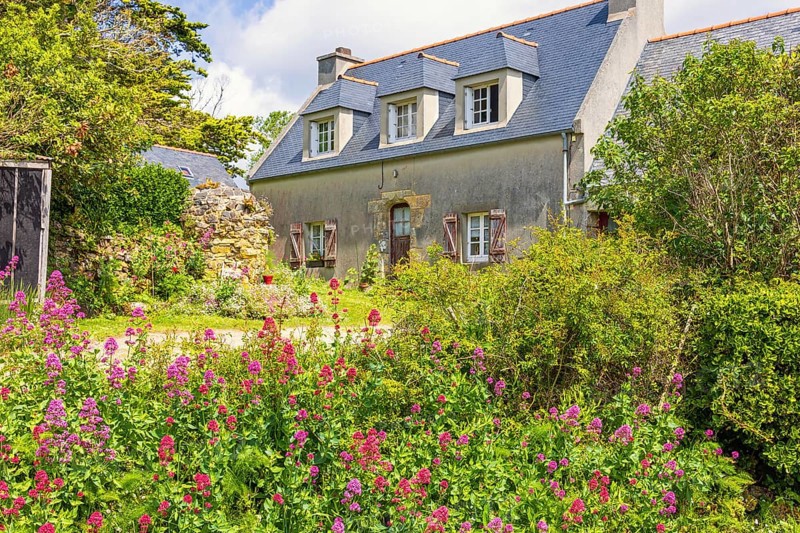 Old house with flowering garden flowers on the french countryside a summer day, Crozon peninsula, Bretagne, France