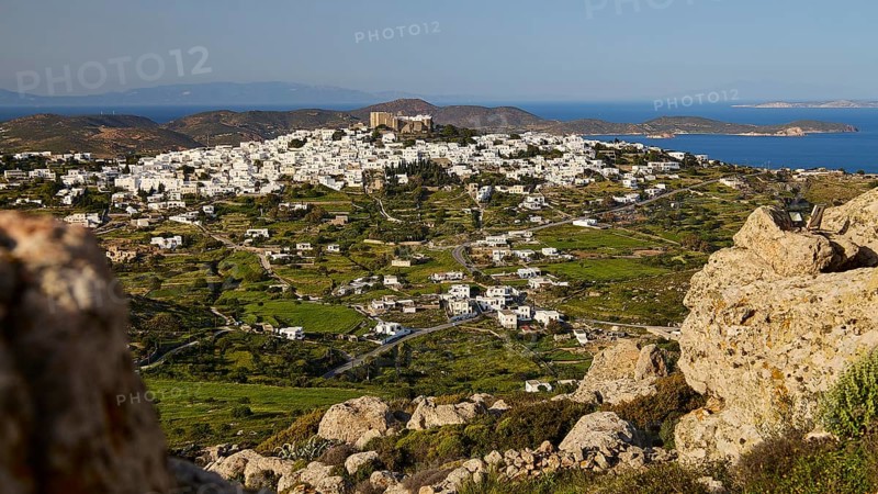Rocky landscape with panoramic view of a village and the sea, Monastery of St John the Theologian, Monastery of St John the Theologian, World Heritage Site 1999, Chora, Patmos, Dodecanese, Greek Islands, Greece