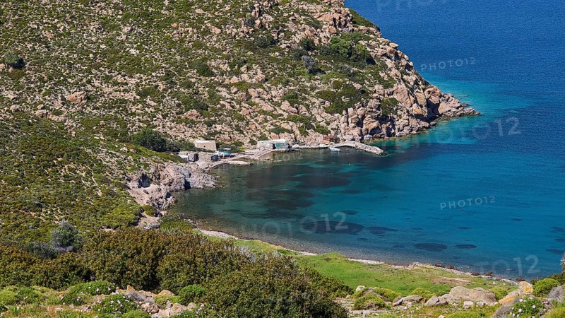 Small harbour bay with crystal clear water surrounded by rocky landscape and lots of greenery, fishermen's huts, Agios Nikolaos Bay, Patmos, Dodecanese, Greek Islands, Greece