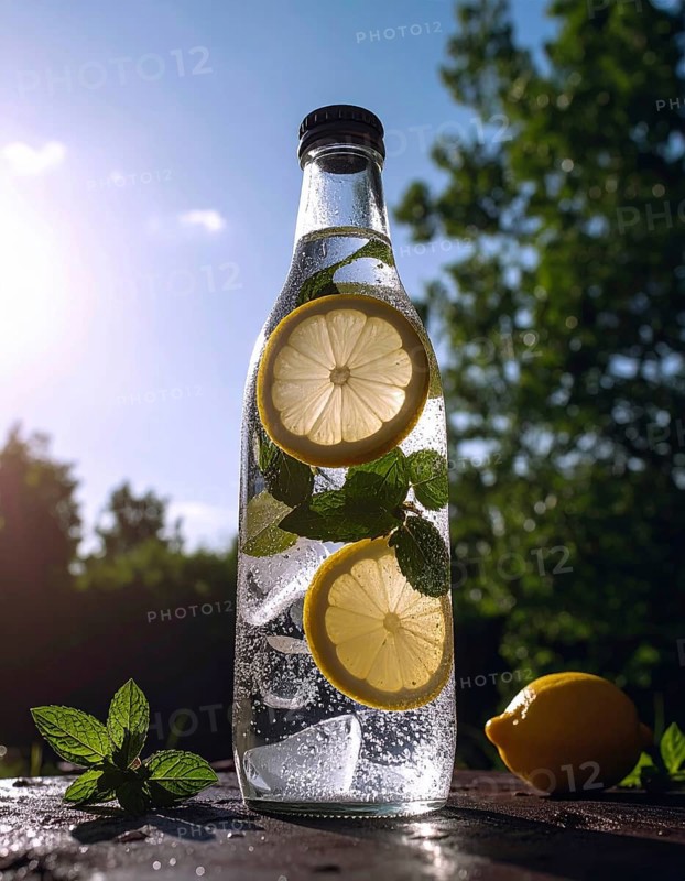 Bottle of fresh cold sparkling water lemonade with ice and lemon slices, mint, summer drink, refreshment cocktail, AI generated