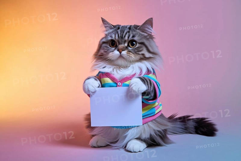 Cute domestic cat wearing a shirt holding a blank white sign in colorful studio background for humorous or meme concept. Generative ai, AI generated