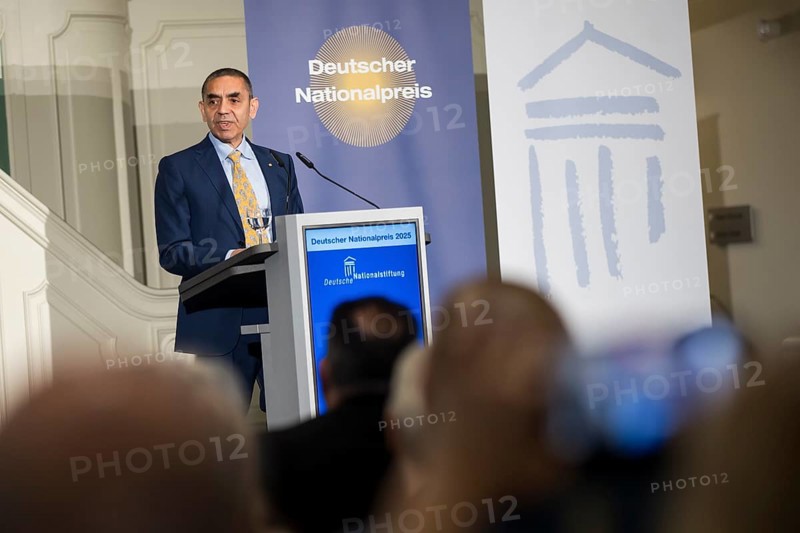 Ugur Sahin (founder of Biontech SE) gives an acceptance speech after receiving the German National Prize 2025 at the Französische Friedrichstadtkirche, Berlin, on 10 June 2025