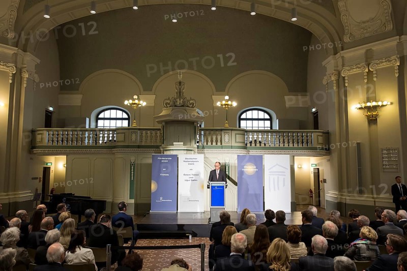 Friedrich Merz (Chancellor of the Federal Republic of Germany) speaks at the presentation of the German National Prize 2025 in Französische Friedrichstadtkirche, Berlin, on 10 June 2025