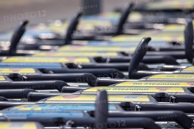Shopping trolleys at Lidl in Mutterstadt, Rhineland-Palatinate