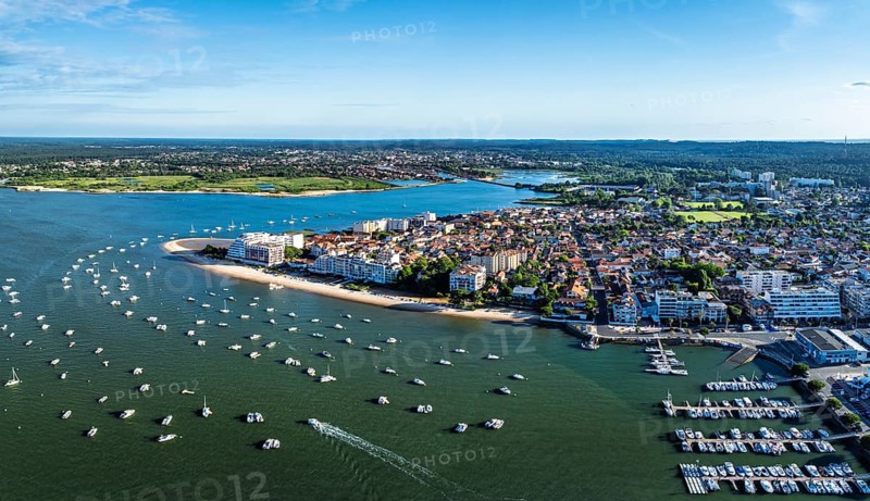 Panorama of Marina and Beach in Arcachon from a drone, Arcachon, Gironde, France