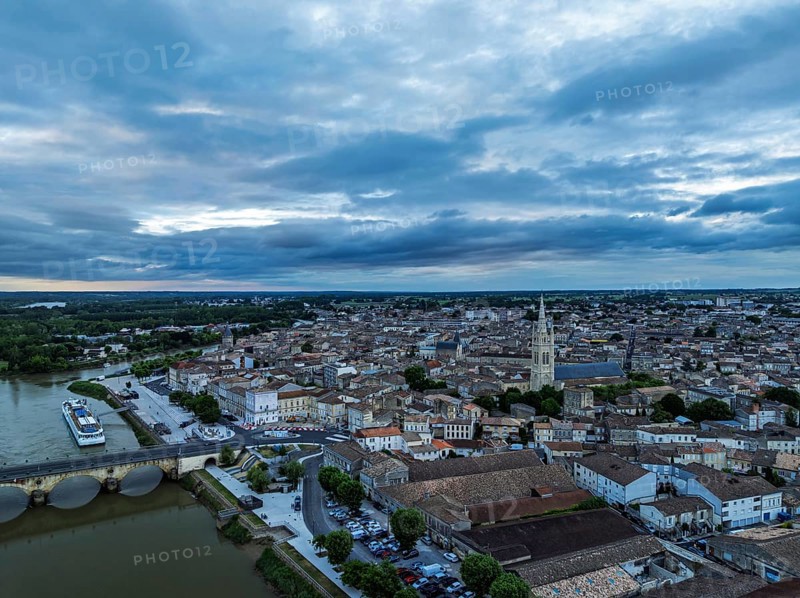 Twilight over Libourne from a drone, Gironde, Nouvelle-Aquitaine, Saint-Émilion and Pomerol, Southwestern France