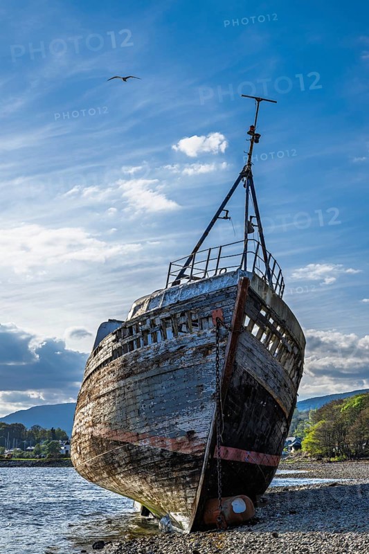 Corpach Wreck or Old Boat of Caol and Nevis Range Mountains, Caol Beach, Corpach, Fort William, Highland, Scotland, UK