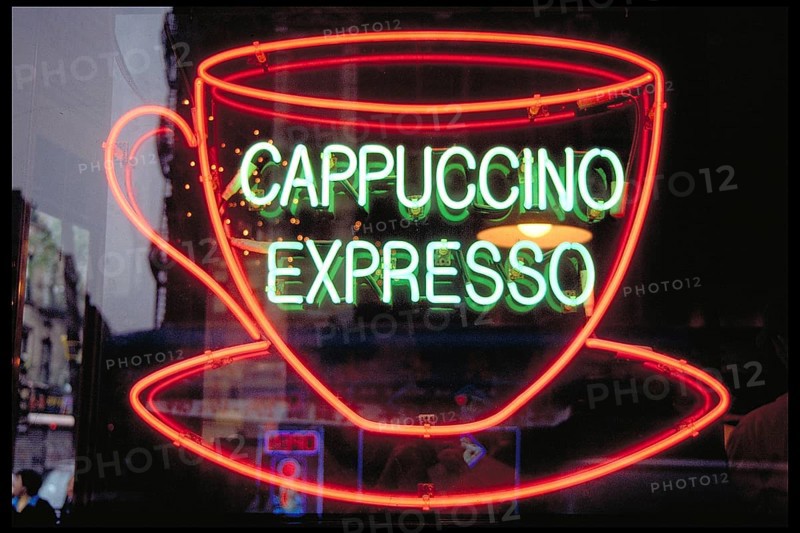 Illuminated advertising at a café, Cappuccino Expresso, New York City, USA