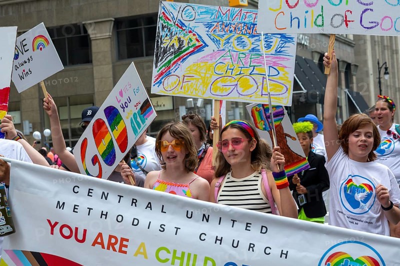 Detroit, Michigan USA - 8 June 2025 - Gay, lesbian, bisexual, and transgender activists and their allies marched for equality in the Motor City Pride parade. A group from Central United Methodist Church joined the parade
