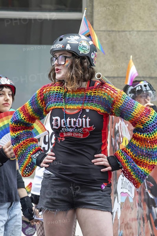 Detroit, Michigan USA - 8 June 2025 - Gay, lesbian, bisexual, and transgender activists and their allies marched for equality in the Motor City Pride parade. Members of the Detroit Roller Derby joined the parade