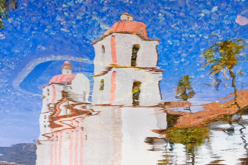 Santa Barbara Mission reflected in the water, Santa Barbara, California, USA