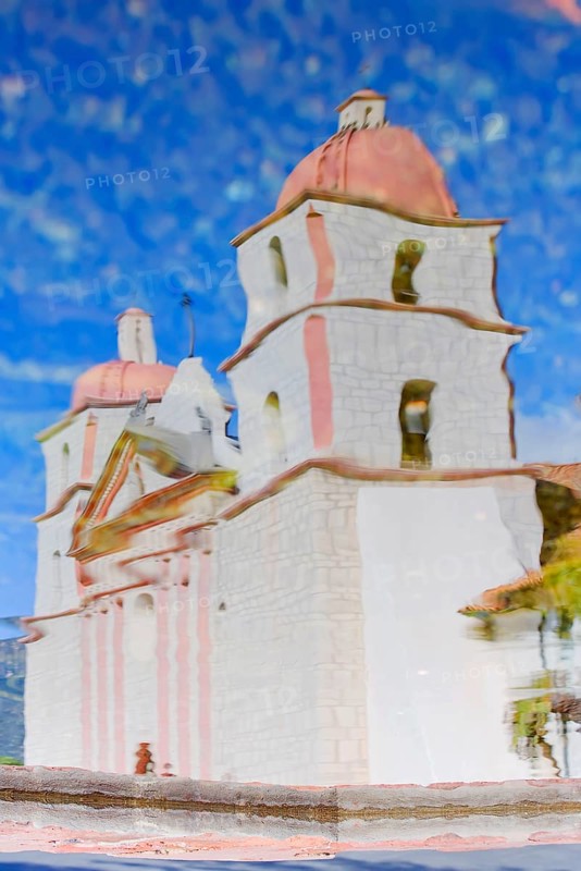 Santa Barbara Mission reflected in the water, Santa Barbara, California, USA