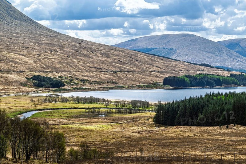 Mountains and Moors over Loch Tulla and River Orchy, Highlands, Scotland, UK