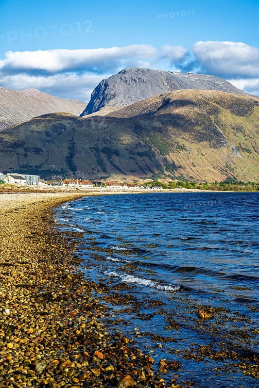 View of Caol Beach and Nevis Range Mountains, Corpach, Fort William, Highland, Scotland, UK