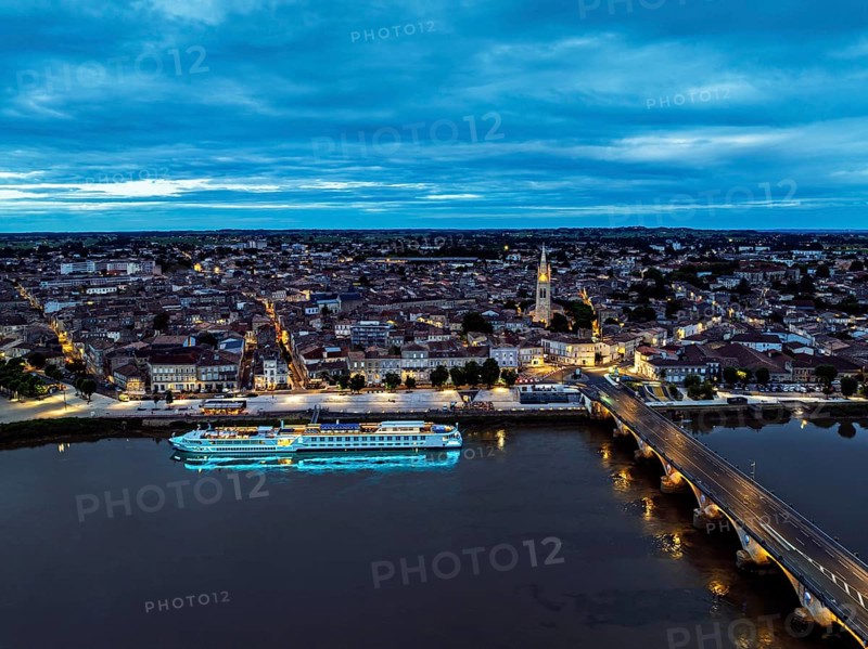 Night over Libourne from a drone, Gironde, Nouvelle-Aquitaine, Saint-Émilion and Pomerol, Southwestern France