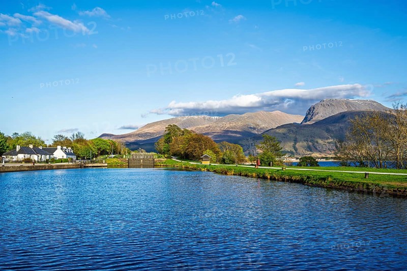 Caledonian Canal, Caol Beach and Nevis Range Mountains, Corpach, Fort William, Highland, Scotland, UK