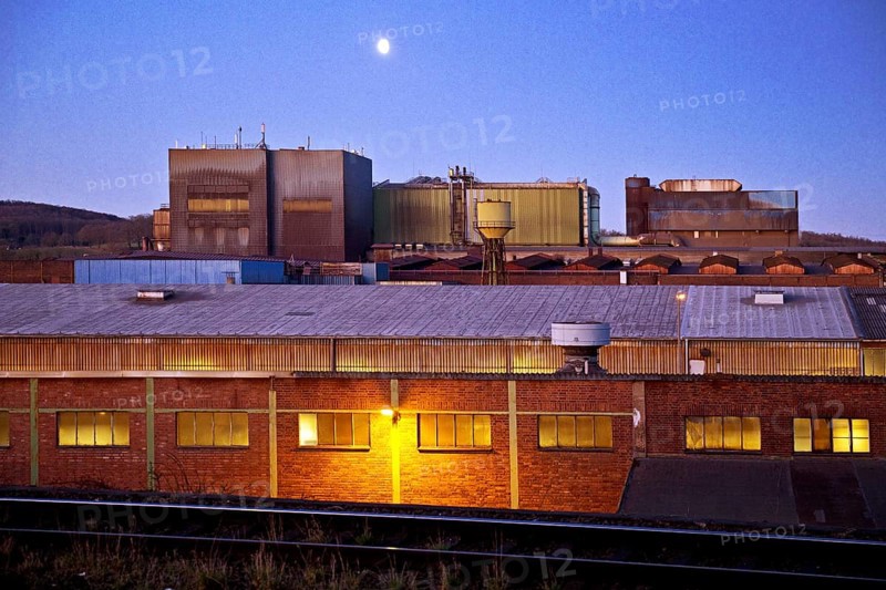 Deutsche Edelstahlwerke in the blue hour with moon, Witten, Ruhr area, North Rhine-Westphalia, Germany