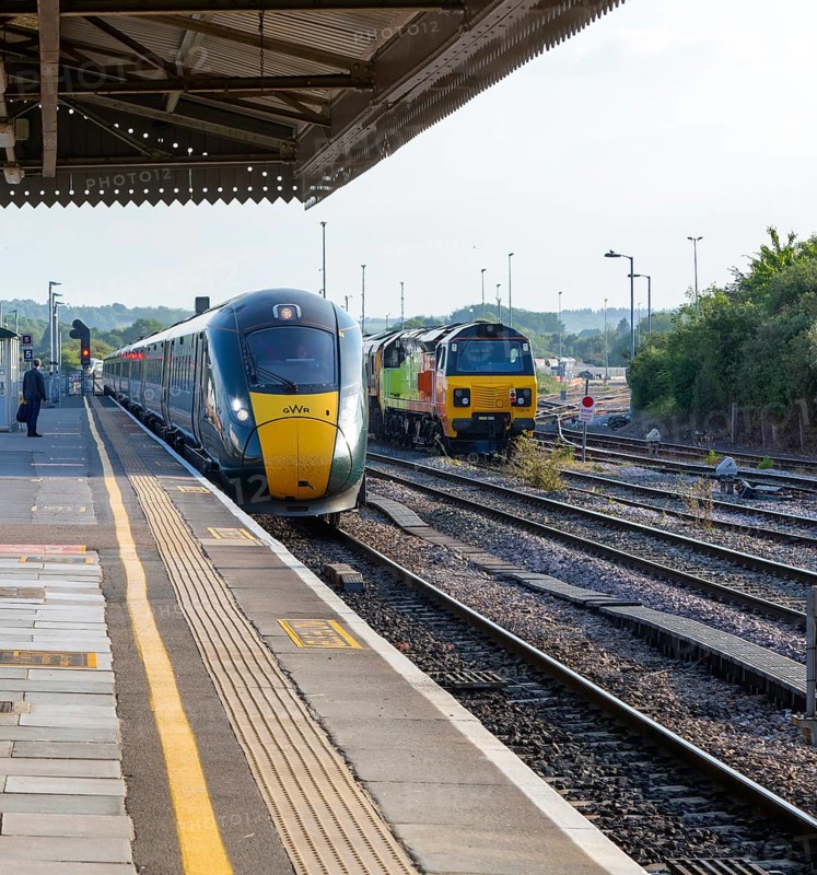 GWR British Rail Class 800 Inter City Express train arriving at platform, Westbury, Wiltshire, England, UK