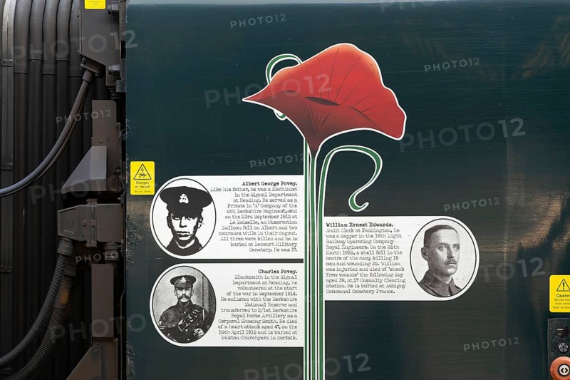 First World War remembrance staff biographies on side of Great Western Railway train, England, UK