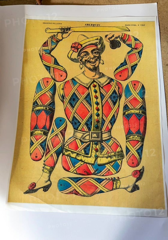 Vintage French colour print Arlequin or Harlequin, Imagerie Pellerin cut-out paper doll figure, c 1850s Imagerie Epinal 1342