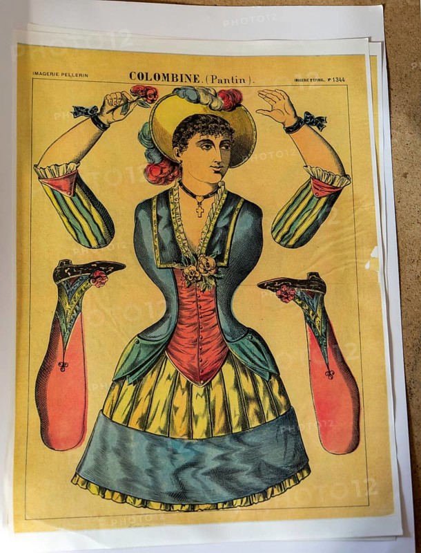 Vintage French colour print poster Colombine Pantin, Imagerie Pellerin, paper cut out doll figure c 1850 Imagerie Epinal 1344