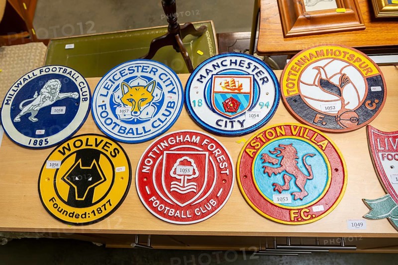 Metal replica football soccer club team crests or badges, Suffolk, England, UK
