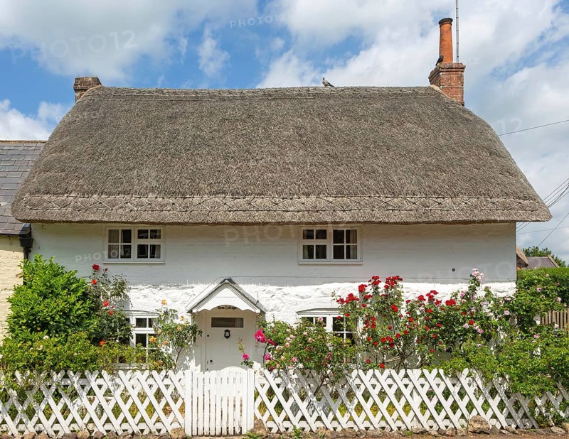 Rose Cottage attractive historic thatched cottage in village of Avebury, Wiltshire, England, UK