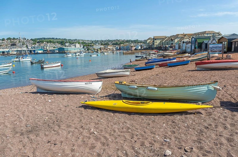 Small boats in harbour at Back Beach, Teignmouth, south Devon, England, UK